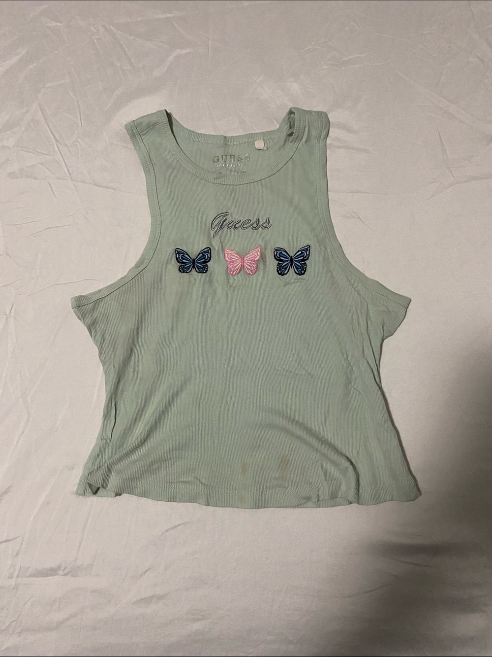 Guess Mint Green Tank Top with Blue and Pink Butterfly Embroidery